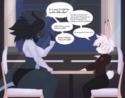 arthur_(snowyblue) ass blue_skin breasts cafe comic comic_page crop_top dark_hair dialogue digital_media_(artwork) dragon eva_(snowyblue) hoodie long_ears rabbit red_eyes short_hair sitting snowyblue tail thick_thighs watermark white_fur white_hair