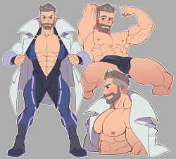 beard bodysuit bulge erection_under_clothes flexing gay hairless labcoat male_only muscles muscular muscular_male muto20002 open_coat open_shirt pokemon pokemon_sv presenting professor_turo side_view skin_tight tight_clothing underwear_only unzipped_bodysuit