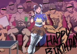 boots breasts censored_eyes chun-li erection erection_under_clothes faceless_male gangbang happy holding_object imminent_gangbang imminent_sex legs_together makinaru muscular_female muscular_male nervous nervous_face nervous_smile orgy pantyhose peace_sign semi-erect slim_waist street_fighter tights underwear wide_hips