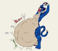 anthro belly big_belly blue_body blue_fur colored_nails digestion digestion_noises digitigrade fatal_vore felid fur male mammal nails nude open_mouth oral_vore pantherine pawpads quasi_(warlus) skull_and_crossbones solo stomach_bulge stretching tan_body tan_fur tiger vore warlus