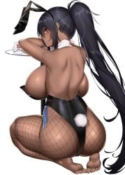 1girls 2022 backboob barefoot black_hair black_leotard blue_archive breasts brown_skin bunny_ears bunny_girl bunny_tail bunnysuit chixiao dark-skinned_female dark_skin feet female female_only fishnet_legwear fishnets hi_res highleg_leotard hips huge_breasts karin_(blue_archive) karin_(bunny)_(blue_archive) kneeling leotard long_hair simple_background slim_waist soles thick_thighs thighs wide_hips yellow_eyes