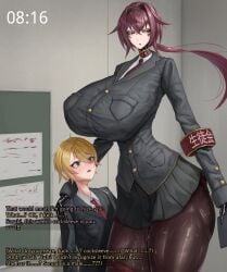 1boy 1futa blonde_hair canvassolaris clothed clothing dialogue duo english_text fully_clothed futanari hourglass_figure huge_balls huge_breasts huge_cock human imminent_rape imminent_sex kirishima_(canvassolaris) large_breasts large_penis large_testicles larger_futanari light-skinned_futanari light-skinned_male light_skin long_hair male original original_character red_hair sasaki_(canvassolaris) school_uniform short_hair size_difference skirt smaller_male standing text thick_thighs thin_waist vein veiny_penis wide_hips