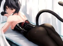 big_ass black_hair bunny_girl bunnysuit cat_tail dobure18 gloves hyona_elatiora laying_down nijisanji nijisanji_indonesia short_hair sideboob stockings virtual_youtuber