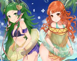 2girls adapted_costume alternate_costume ass bare_shoulders beach bikini blue_bikini blue_sky blue_swimsuit braid eyebrows_visible_through_hair female female_only fire_emblem fire_emblem:_radiant_dawn fire_emblem:_three_houses floral_print flower frilled_bikini frilled_swimsuit frills green_eyes green_hair green_swimsuit grin haru_(nakajou-28) innertube long_hair looking_at_viewer looking_to_the_side multiple_girls nintendo one-piece_swimsuit orange_eyes orange_hair palm_tree pointy_ears ribbon_braid see-through side_braid sky smile sothis_(fire_emblem) swimsuit tree very_long_hair white_flower yune_(fire_emblem)