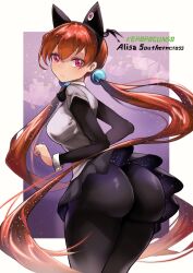 1girls alisa_southerncross ass ass_focus big_ass female female_only iparuputsua keroro_gunsou leggings looking_at_viewer looking_back orange_hair skirt solo tight_clothing