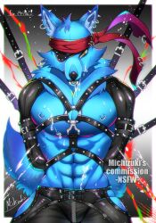 abs anthro bandana bodily_fluids canid canine canis cum cum_on_body cum_on_chest ear_piercing eye_patch eyewear genital_fluids harness hi_res kerchief leather leather_harness male male_only mammal michizuki muscular muscular_anthro muscular_male nipple_piercing nipples piercing solo wolf