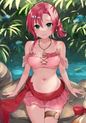 1girls alternate_costume aqua_eyes bare_shoulders bikini bikini_skirt bracelet breasts collarbone commission cowboy_shot dappled_sunlight female female_only fire_emblem fire_emblem:_new_mystery_of_the_emblem fire_emblem:_shadow_dragon fire_emblem_heroes frilled_bikini frills haru_(nakajou-28) jewelry looking_at_viewer navel necklace nintendo norne_(fire_emblem) norne_(summer)_(fire_emblem) official_alternate_costume pink_bikini pink_swimsuit red_hair river rock sitting small_breasts smile solo sunlight swimsuit thigh_strap