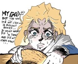 big_penis blonde_hair blue_eyes color english_text erina_pendleton female_focus female_only holding_penis jojo's_bizarre_adventure jonathan_joestar nude_male_clothed_female phantom_blood suprised suprised_eyes sweatdrop text unconscious yellow_hair zetto