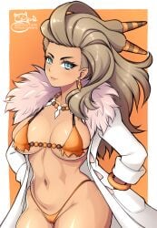 big_breasts bikini breast_grab breasts breasts_bigger_than_head breasts_out brown_hair brown_skin busty cavewoman curvy cute cyberkaku female female_focus female_only human looking_at_viewer pokemon pokemon_professor pokemon_sv professor_sada_(pokemon) sevie simple_background