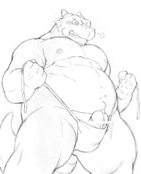 2013 anthro asian_clothing belly big_belly blush bodily_fluids clothing dragon east_asian_clothing erection fundoshi genital_fluids genitals humanoid_hands japanese_clothing kemono magumataishi male musclegut nipples overweight overweight_male penis precum solo underwear