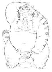 2013 anthro asian_clothing belly big_belly blush bodily_fluids clothing east_asian_clothing felid fundoshi genital_fluids japanese_clothing kemono magumataishi male male_only mammal moobs navel nipples overweight overweight_male pantherine simple_background solo tears tiger underwear urine