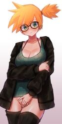 alternate_breast_size asymmetrical_hair blush bra breasts didd_ley didd_ley female gen_1_pokemon glasses green_eyes highres huge_breasts jacket kasumi_(pokemon) large_breasts legs looking_at_viewer megane navel orange_hair pokemon pokemon_(anime) pokemon_(classic_anime) pokemon_(game) pokemon_rgby ponytail short_hair side_ponytail solo suspenders thighhighs thighs tomboy