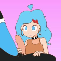 blue_eyes blue_hair closed_eyes erection incredibox_youtuber kissing_penis minus8_(style) open_mouth penis rem_(incredibox) saliva uncensored