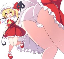 :d ascot ass ass_focus blonde_hair crystal eyebrows_visible_through_hair fang female flandre_scarlet from_below full_body hat highres holding laevatein_(touhou) long_hair looking_at_viewer mob_cap multiple_views open_mouth panties red_eyes red_footwear red_skirt rizento shoes side_ponytail simple_background skirt smile solo standing standing_on_one_leg thighs touhou underwear white_background white_headwear white_panties wings yellow_ascot