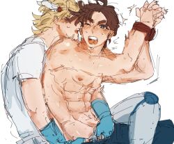 2boys battle_tendency blonde_hair brown_hair caesar_zeppeli gay handjob_under_clothes hands_tied jojo's_bizarre_adventure joseph_joestar male male_nipples male_only muscular_male one_eye_closed open_mouth partially_clothed ri shirtless yaoi