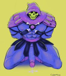 1male balls cum cum_on_floor cybertuna dick erection kneeling looking_down male male_only mammal masters_of_the_universe muscular muscular_male nude pecs precum restrained_arms skeleton skeletor skull solo solo_focus sweat sweating