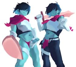 2koma bangs_over_eyes belt bottomless bulge cock deltarune full_body hair_over_eyes hi_res high_resolution highres knight kris_(deltarune) looking_at_viewer male male_only onehimbo penis pointing pointing_at_viewer shield solo solo_focus solo_male sword tagme tagme_(artist) teasing teasing_viewer twink