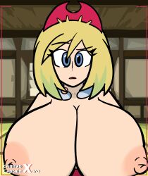 1girls alternate_breast_size areolae blonde_hair blue_eyes breasts breasts_out chillfab clothing female gigantic_breasts huge_breasts human human_only irida_(pokemon) looking_at_viewer massive_breasts nintendo nipples pokemon pokemon_legends:_arceus pov