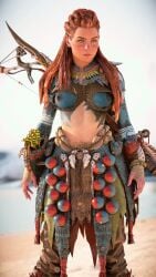 1girls 3d accurate_art_style aloy alternate_costume areola areolae belly_button bodypaint braid braided_hair breasts canon dreadlocks female female_only ginger glitch horizon_forbidden_west horizon_zero_dawn medium_breasts midriff navel nipples official_art outdoors painted_breasts playstation red_hair solo teenager topless topless_female tribal