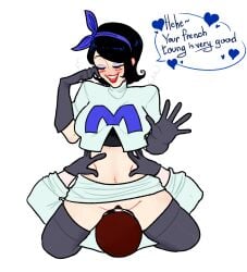 1boy big_breasts big_hips black_hair crossover drawing facesitting female heterosexual pokemon scout's_mother spy_(team_fortress_2) team_fortress_2 woman_on_top