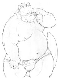 2013 anthro belly big_belly blush bodily_fluids bulge clothing dragon genital_fluids humanoid_hands kemono magumataishi male moobs navel nipples overweight overweight_male precum solo underwear