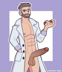 balls bara beard big_balls big_penis boner erection facial_hair game_freak gay hand_in_pocket holding_poke_ball labcoat looking_at_viewer male male_only muscles muscular naughtiest_prince nintendo npc_trainer penis pokeball pokemon pokemon_sv professor_turo solo solo_male