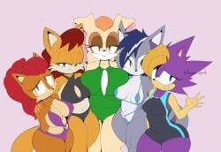 5girls alicia_acorn anthro bedroom_eyes bernadette_hedgehog bikini boob_window bottom_heavy canine canine_humanoid chipmunk chipmunk_humanoid cleavage female fox fox_humanoid furry furry_female group hair half-closed_eyes hand_on_shoulder kappa_spark lagomorph lagomorph_humanoid large_breasts looking_at_viewer lupe_the_wolf mammal mammal_humanoid mature_female milf mother nervous queen rabbit rabbit_humanoid red_hair rodent rodent_humanoid rosemary_prower seductive small_breasts smile sonic_(series) sonic_the_hedgehog_(archie) sonic_the_hedgehog_(comics) sonic_the_hedgehog_(series) swimsuit teeth thick_thighs vanilla_the_rabbit waving wide_hips wolf wolf_humanoid