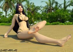 3d bare_legs bare_shoulders barefoot beach bikini blue_eyes breasts_out feet foot_fetish foot_focus irelia_xan league_of_legends sardaukar soles toenail_polish toes