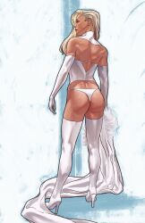 1girls ass blonde_hair clothed dat_ass dima_ivanov emma_frost marvel marvel_comics simple_background thong thong_panties white_clothing white_queen x-men