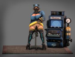 3d 3d_(artwork) boob_window bottomless cat_ears cat_hood dei-c_(artist) dispenser dispenser_(team_fortress_2) fempyro gas_mask koyotemoone latex latex_suit latex_thighhighs pyro pyro_(team_fortress_2) sfm source_filmmaker stool sweater team_fortress_2 tf2 thick_thighs vaginal_penetration wrench