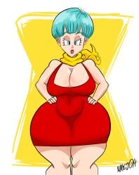 1girls angry angry_expression angry_eyes angry_face aqua_eyes aqua_hair artist_name artist_signature belly_button belly_button_visible_through_clothing big_boobs big_breasts big_lips blue_eyes blue_eyes_female blue_hair blue_hair_female boobs breasts bulma_briefs cleavage clothing curvaceous curvy curvy_figure cyan_eyes cyan_hair dragon_ball dragon_ball_z dress erect_nipples eyelashes female female_focus female_only hair hands_on_hips hips light-skinned_female light_skin lipstick maikyoh mature mature_female mature_woman milf mother nipples nipples_visible_through_clothing plump red_dress red_lips red_lipstick scarf short_hair solo solo_female thick_lips thick_thighs thighs voluptuous white_background wide_hips wife yellow_background yellow_scarf