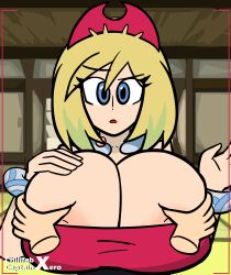 1girls alternate_breast_size blonde_hair blue_eyes breast_grab breasts chillfab cleavage clothing female gigantic_breasts groping huge_breasts human human_only irida_(pokemon) looking_at_viewer massive_breasts nintendo pokemon pokemon_legends:_arceus pov