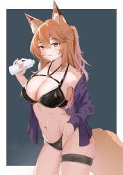 1girls absurdres animal_ears arknights bangs bare_shoulders bikini black_background black_bikini blush border bottle breasts brown_eyes brown_hair cleavage collarbone contrapposto cowboy_shot eyebrows_visible_through_hair female female_only fox_ears fox_girl fox_tail franka_(arknights) highres holding holding_bottle large_breasts long_hair long_sleeves looking_at_viewer navel o-ring o-ring_bikini o-ring_top one_side_up open_clothes open_shirt outside_border parted_lips purple_shirt shirt simple_background smile solo stomach swimsuit tail thigh_strap white_border xianggu_wu_yan zipper_pull_tab