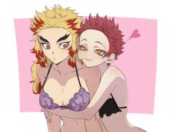 2girls akarenaka4545 akaza_(kimetsu_no_yaiba) big_breasts blonde_hair bra cute demon_slayer female female_only genderswap_(mtf) hug hugging_from_behind kimetsu_no_yaiba long_hair looking_at_another looking_back red_hair rengoku_kyoujurou rule_63 short_hair smile spiky_hair thick_eyebrows two_tone_hair upper_body very_short_hair yellow_eyes yuri