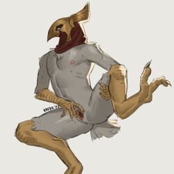 animal_genitalia anthro armor azir bird blush blush_lines bodily_fluids cloaca clothing embarrassed feathers genitals helmet hi_res kafka_(artist) league_of_legends male mask nipples pecs presenting presenting_cloaca riot_games simple_background solo spread_legs spreading sweat talons video_games