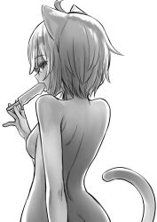 ahoge animal_ears ass breasts cat_ears cat_tail completely_nude female food from_behind highres hololive hololive_gamers hololive_japan looking_at_viewer looking_back medium_breasts medium_hair nekomata_okayu nude oral oral_insinuation oral_invitation popsicle sabaku_chitai seductive_mouth sideways_glance simple_background smile tail tail_raised teenager virtual_youtuber white_background