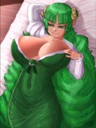 1girls areolae big_breasts breasts cleavage curvaceous curvy dress female female_only green_dress green_eyes green_hair hair horns huge_breasts long_hair mairimashita!_iruma-kun mature mature_female milf mother mrs._valac ourobot seductive solo solo_female topwear