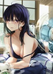 ass bangs bare_arms blue_hair blush breasts cleavage collarbone commentary_request electric_fan female female hair_between_eyes highres indoors long_hair looking_at_viewer lying medium_breasts midriff nekomugiharu on_stomach open_mouth original panties purple_eyes sidelocks solo strap_slip stuffed_animal stuffed_toy sweat tank_top tokujo-chan translated underwear