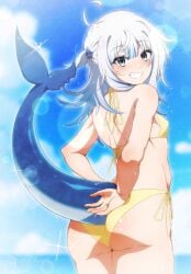 1girls 2022 ahoge ass bikini blue_eyes blush female female_only flat_chest gawr_gura hair_ornament hi_res hololive hololive_english hololive_myth large_ass naoillus petite pointy_teeth shark_girl shark_tail short_hair small_breasts smile tail virtual_youtuber white_hair yellow_bikini