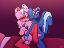 2girls blue_fur blush bodily_fluids bodily_fluids_in_pussy bow c4ndyznsfw chipmunk fingering fingering_partner flower flower_in_hair fluffy_tail furry giggles_(htf) happy_tree_friends heart petunia_(htf) pink_fur ponytail purple_eyes red_bow red_stockings skunk squinting stockings tail yuri