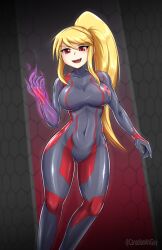 1girls artist_name aura blonde_hair bodysuit canadiananiguy clone evil evil_grin female large_breasts metroid navel nintendo oerba_yun_fang red_eyes samus_aran signature solo thick_thighs tight_clothing toned_stomach zero_suit zero_suit_samus