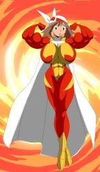 abs abstract_background alternate_breast_size biceps blue_eyes brown_hair cape crazyoldman01 flexing huge_breasts may_(pokemon) muscular muscular_female pokemon pokemon_(anime) superheroine