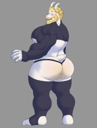 1boy 2d asgore_dreemurr ass_cleavage beard big_ass_(male) big_pecs black_legwear black_topwear bubble_ass bubble_butt butt_crack crown dat_ass fur furry goat hairy_ass horns humanoid hunnipanda long_socks male male_only nipples round_ass round_butt solo solo_male tail thong undertale undertale_(series) white_fur yellow_hair