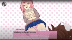 blue_skirt book books brown_hair bunny_panties doki_doki_literature_club english_text frilled_panties frilly_panties logo low-angle_view natsuki_(doki_doki_literature_club) panties pantyshot pantyshot_(standing) pink_eyes pink_hair pink_panties print_panties skirt teeth_visible text thighs underwear upskirt