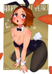 1girls 2023 333_(dqqqdle) :o blush brown_hair bunny_ears bunny_tail bunnysuit carrot cleavage detached_collar female female_only happy_new_year heart-shaped_pupils hi_res kneeling leaning_forward looking_at_viewer medium_hair neck_ribbon pantyhose phallic_symbol red_eyes sexually_suggestive solo text voluptuous wrist_cuffs year_of_the_rabbit