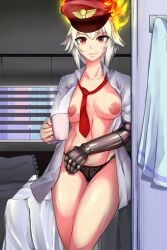 1girls ahoge burning_flames_team_captain carmach101 coffee dana_zane necktie necktie_between_breasts panties red_eyes robotic_arm short_hair solo tomboy topless va-11_hall-a white_hair