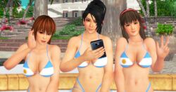 3d 3girls argentina argentine_flag argentinian_flag_bikini bikini black_hair broker902 brown_hair dead_or_alive female female_only fully_clothed hitomi_(doa) kasumi_(doa) long_hair lucas-cairo momiji_(ninja_gaiden) navel ponytail smartphone xnalara