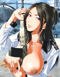 1girls 2021 between_breasts breasts_out dark_hair dog_tags earrings female female_only helicopter high_resolution holding_weapon long_hair looking_at_viewer mature_female nipples object_between_breasts open_shirt original puffy_nipples red_eyes ring schelz shirt smile weapon weapon_between_breasts