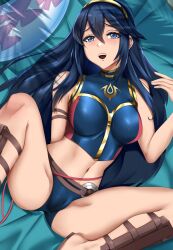 1girls :d alternate_costume ass bare_legs bare_midriff bikini blue_bikini blue_eyes blue_hair blue_swimsuit breasts butterfly come_hither female female_only fire_emblem fire_emblem_awakening fire_emblem_cipher hair_between_eyes innertube inviting inviting_to_sex legs long_hair looking_at_viewer lucina_(fire_emblem) lucina_(summer)_(fire_emblem) medium_breasts midriff nintendo official_alternate_costume on_back open_mouth outdoors partially_visible_vulva presenting smile solo spread_legs swimsuit symbol-shaped_pupils tiara towel xkit69