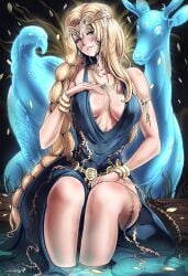 1girls big_breasts blonde_hair circlet cleavage crown dress elden_ring female female_only fromsoftware goddess gold_(metal) light-skinned_female milf queen_marika_the_eternal sideboob solo solo_female spiritdraws thick_thighs